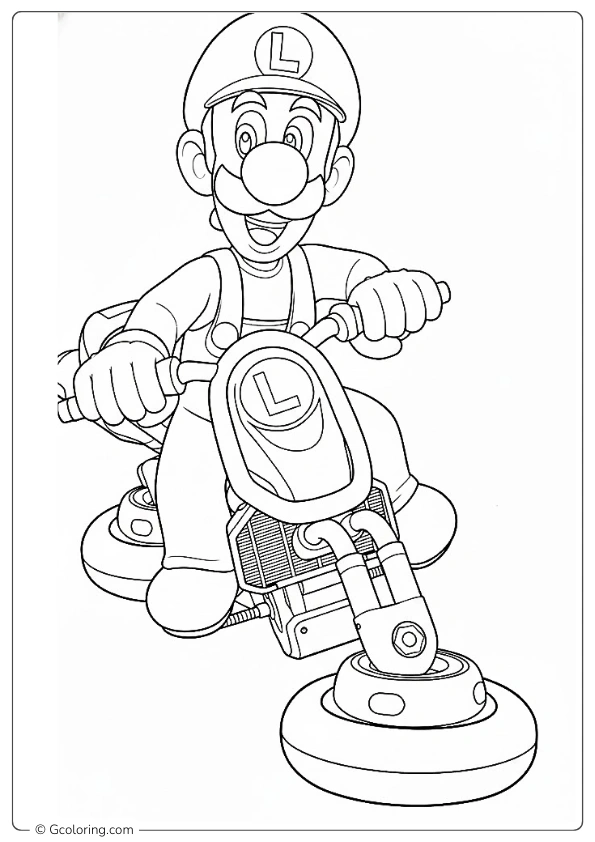 Luigi is riding a motorcycle coloring pages