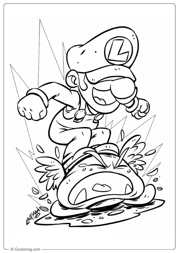 Luigi jumping onto a Goomba coloring pages