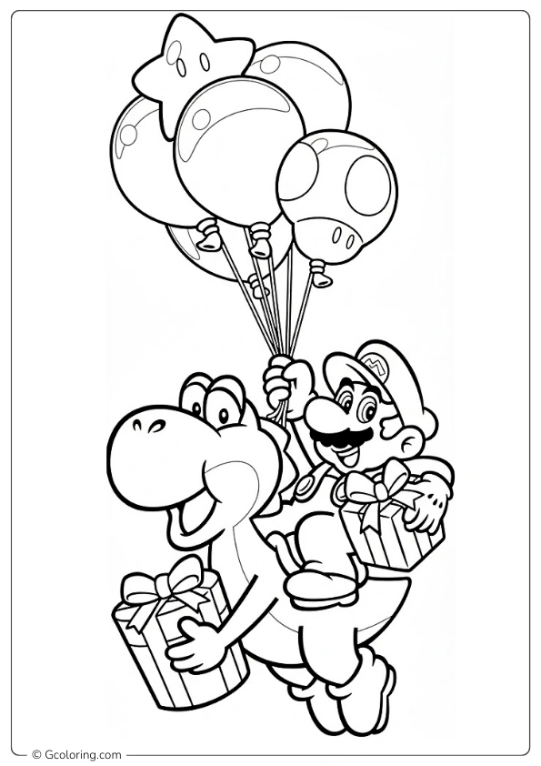 Mario and Yoshi holding gifts and balloons coloring pages