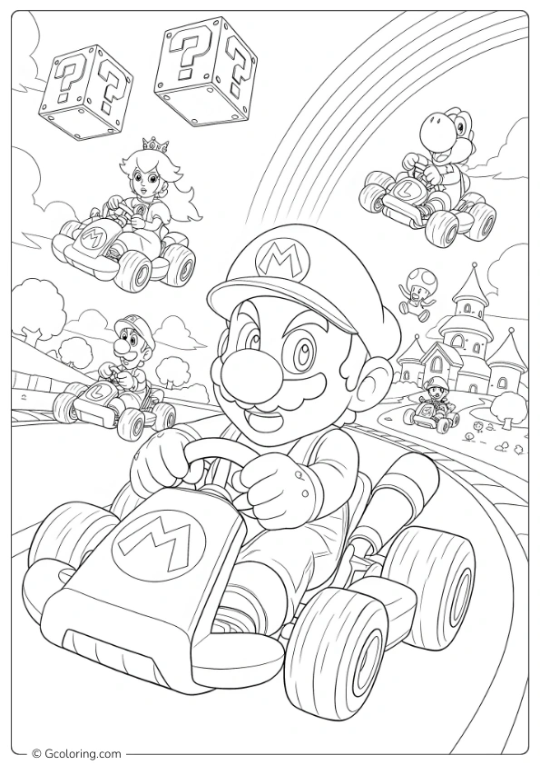 Mario and his friends race in a Mario Kart adventure Coloring Pages