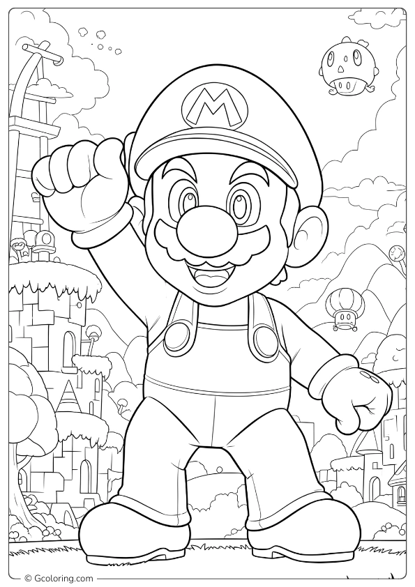 Mario cheering in Mushroom Kingdom coloring pages