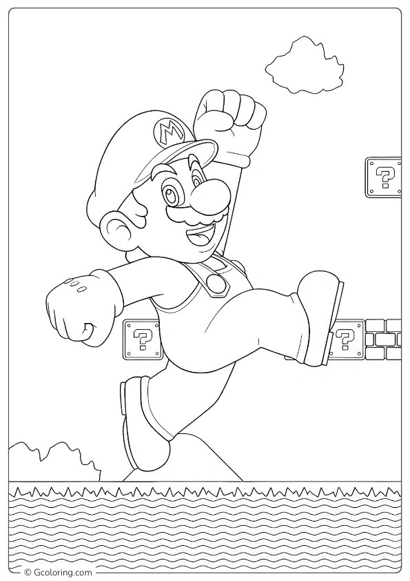 Mario jumping over a question block coloring pages