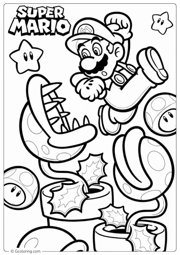 Mario jumps over Piranha Plants to escape a dangerous pipe Coloring Pages