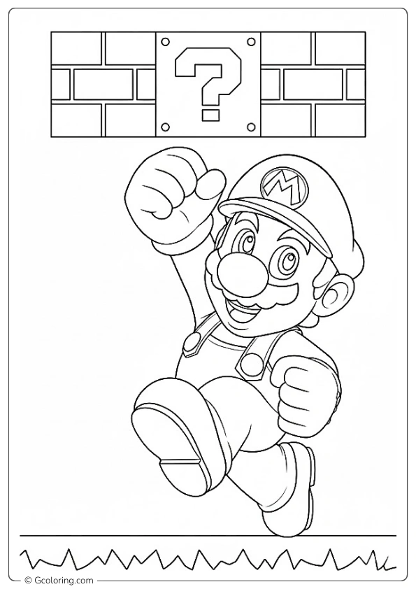 Mario jumps to hit a floating question block coloring pages