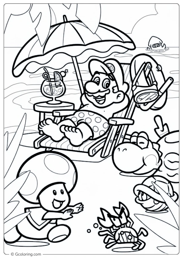 Mario relaxes on a beach chair with friends coloring pages