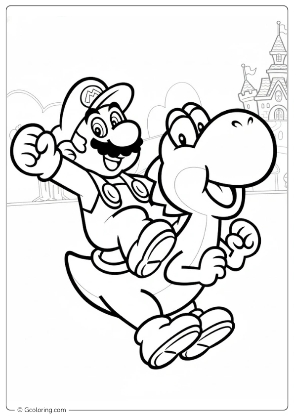 Mario riding Yoshi in front of a castle coloring pages