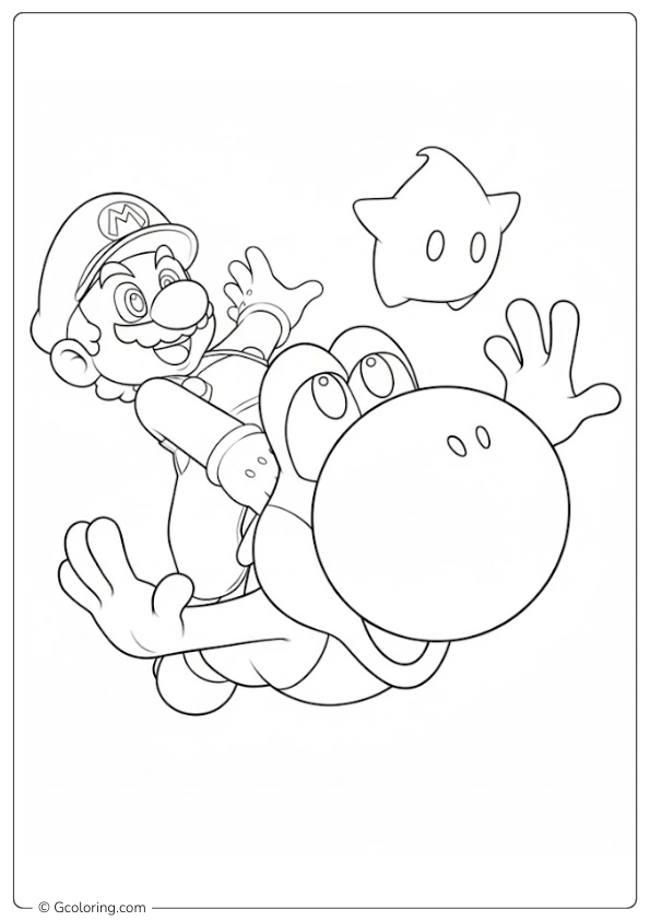 Mario riding on Yoshi's back next to a Luma coloring pages