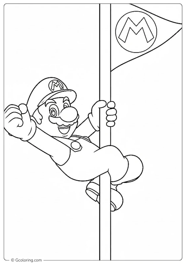 Mario slides down a goal pole with a flag coloring pages