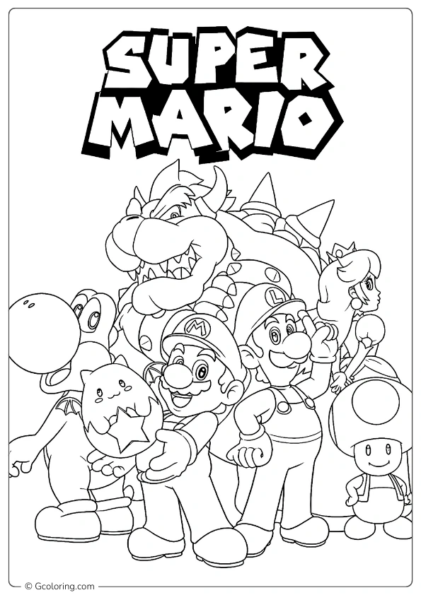 Mario stands proudly at the center of the Super Mario Coloring Pages
