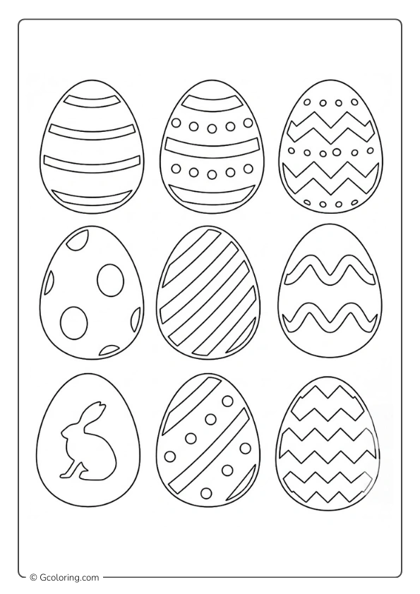 Minimalist Easter Egg Coloring Pages with stripes, dots, and a bunny silhouette