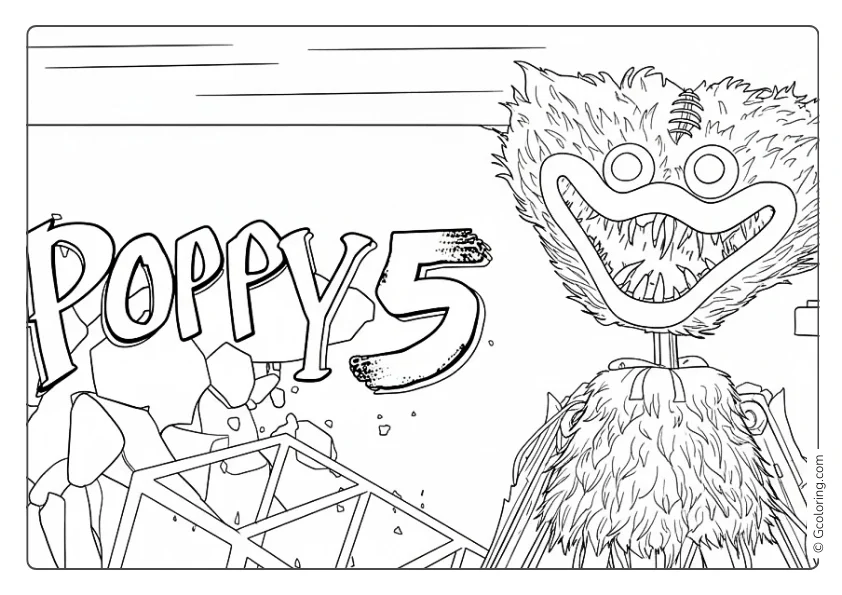 Poppy Playtime 5 coloring page featuring a menacing Huggy Wuggy