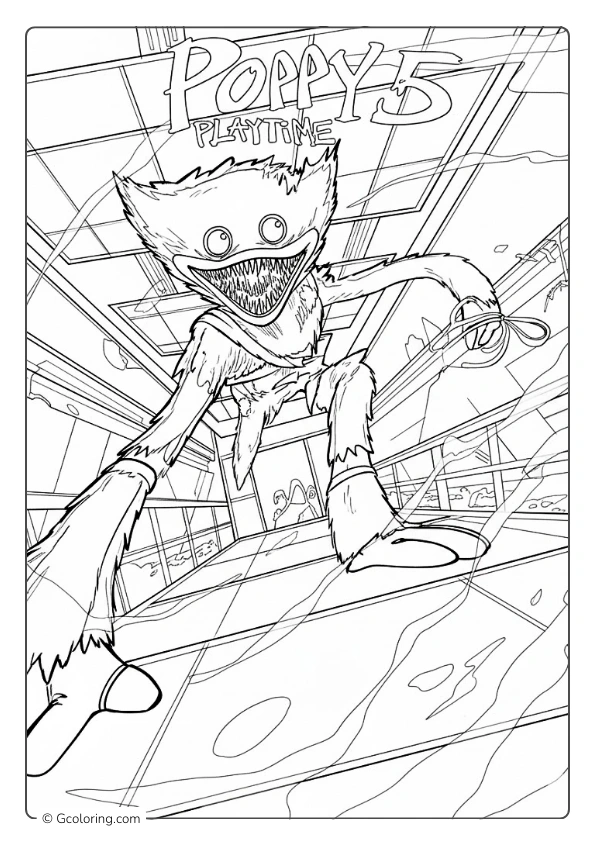 Poppy Playtime 5 coloring page of Huggy Wuggy in an action pose