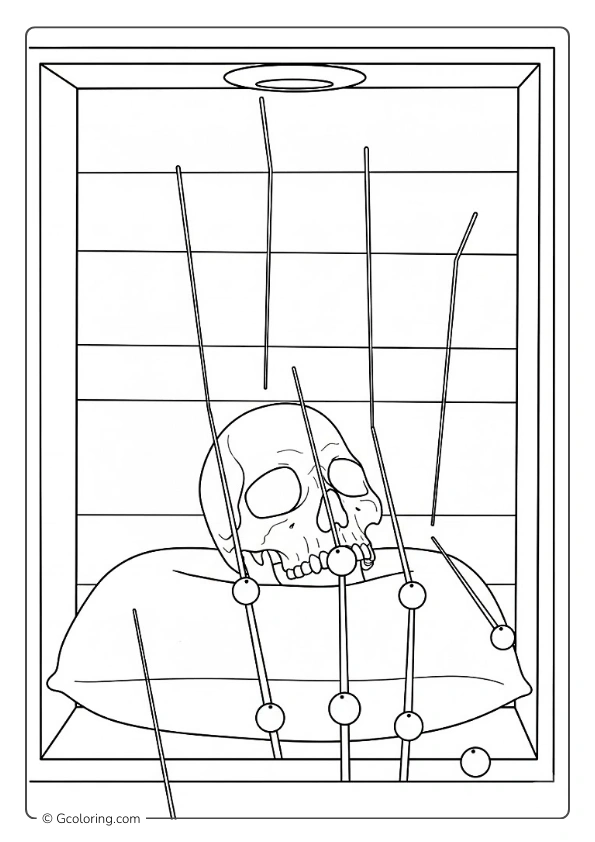 Poppy Playtime coloring page of a skull in a display case with rods