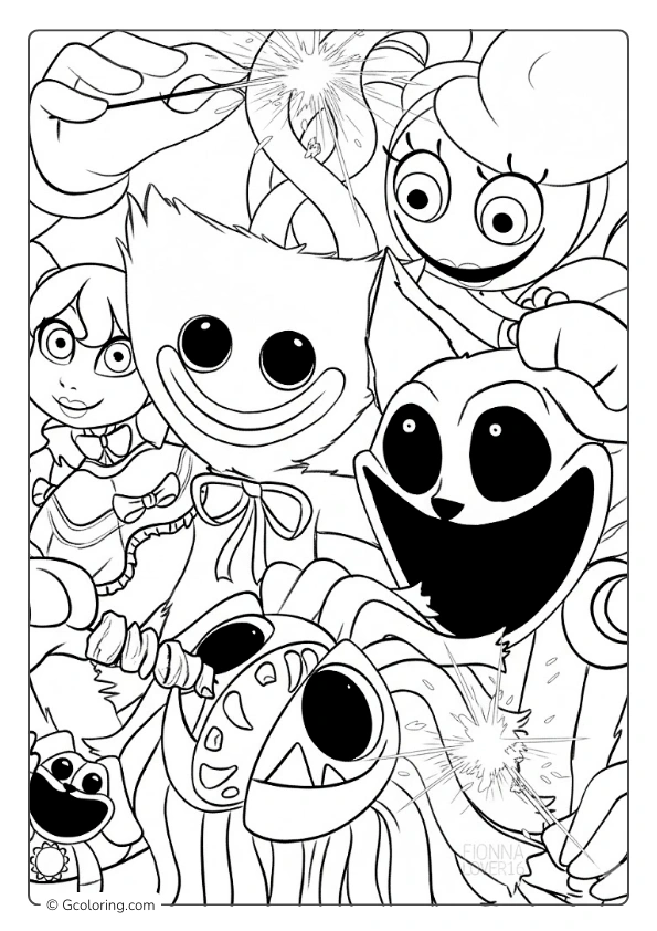 Poppy Playtime coloring page showing Huggy Wuggy waving in a play area