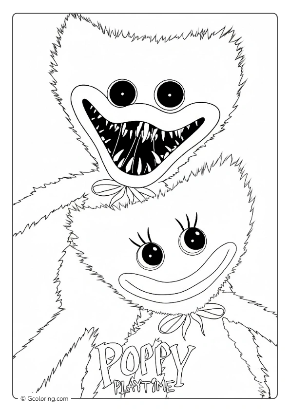 Poppy Playtime coloring page with Huggy Wuggy and Kissy Missy