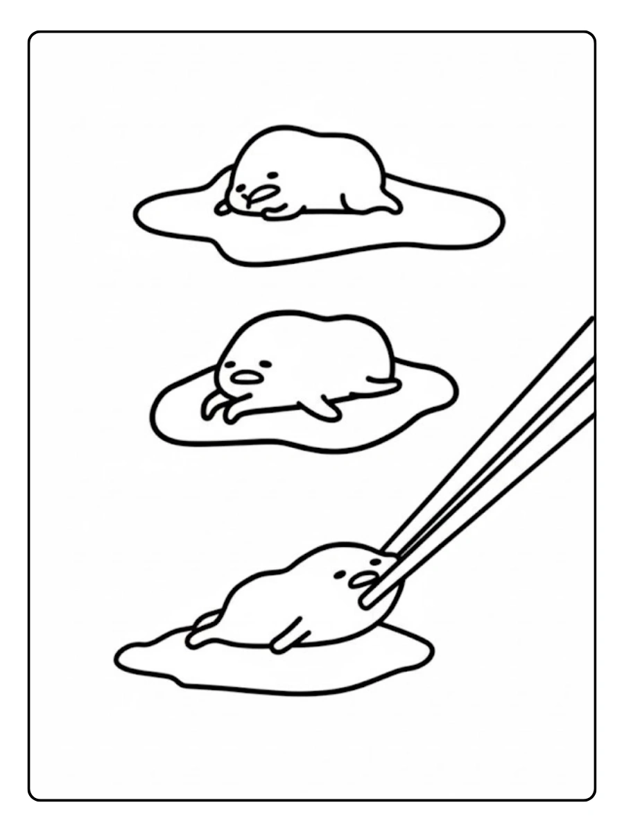 Three Gudetama being picked up by chopsticks coloring page