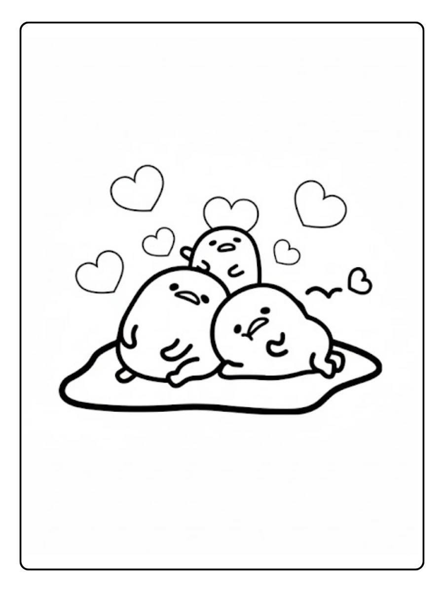 Three cute Gudetama friends with hearts coloring page