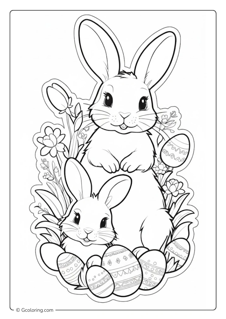 Two happy Easter bunnies surrounded by spring flowers coloring page