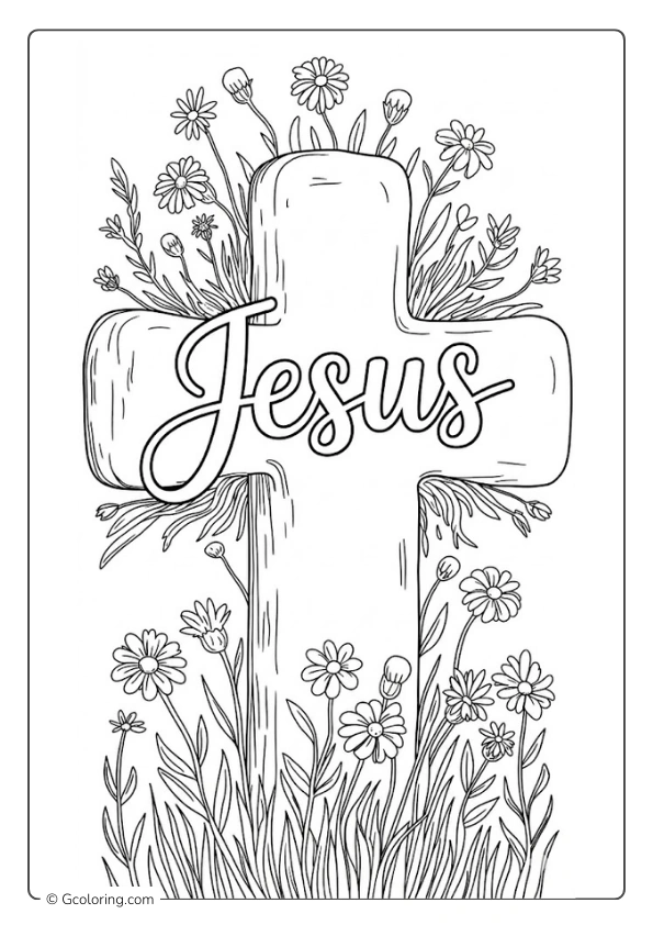 Various Easter and spring icons in a detailed He is Risen coloring page format