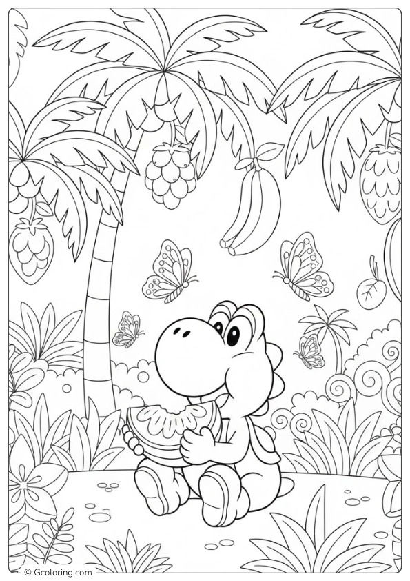 Yoshi Eating Fruit in a Tropical Jungle coloring pages