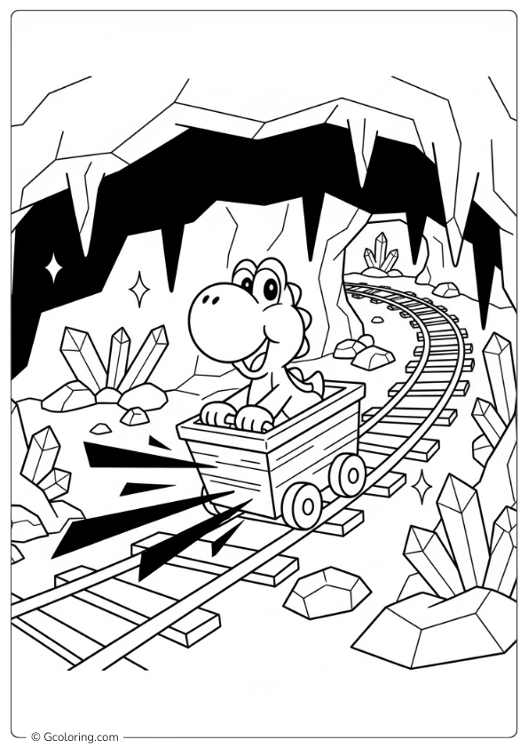 Yoshi Riding a Mine Cart in a Cave coloring pages