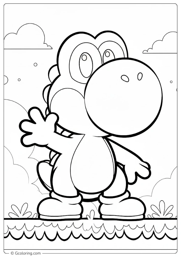 Yoshi is waving hello on a platform coloring pages
