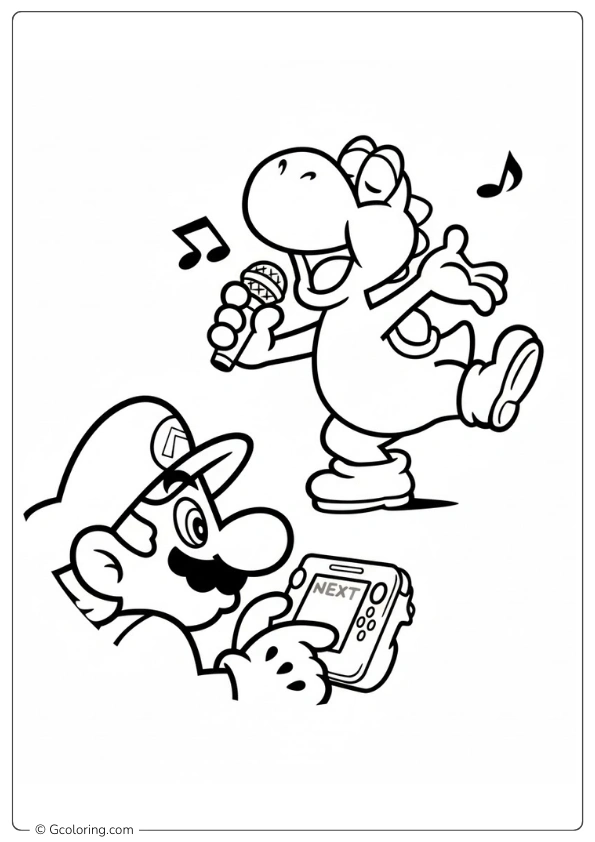 Yoshi singing into a microphone while Mario watches coloring pages