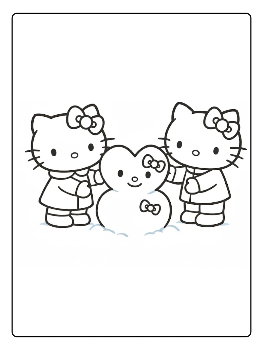 Hello Kitty and Dear Daniel building a snowman coloring page.