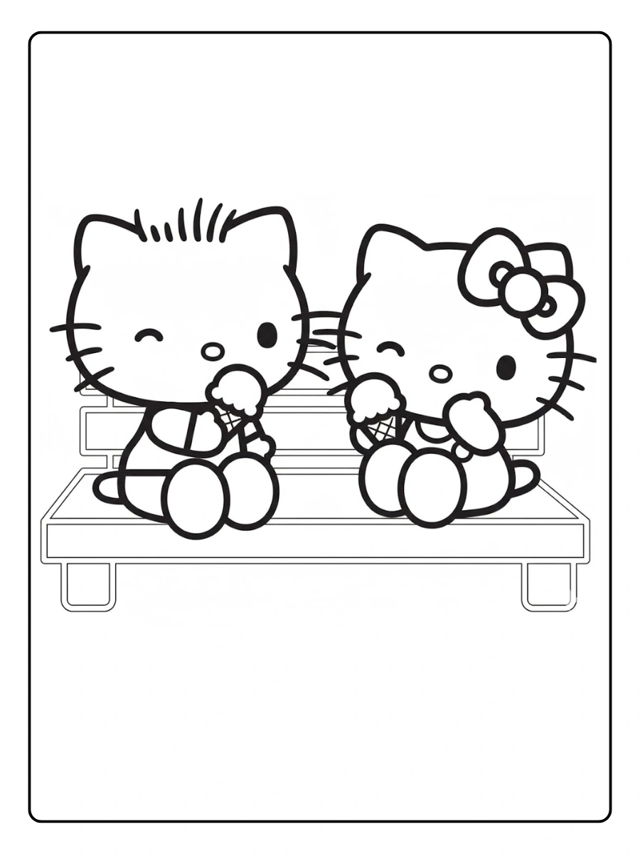 Hello Kitty and boyfriend sitting on a bench coloring page.