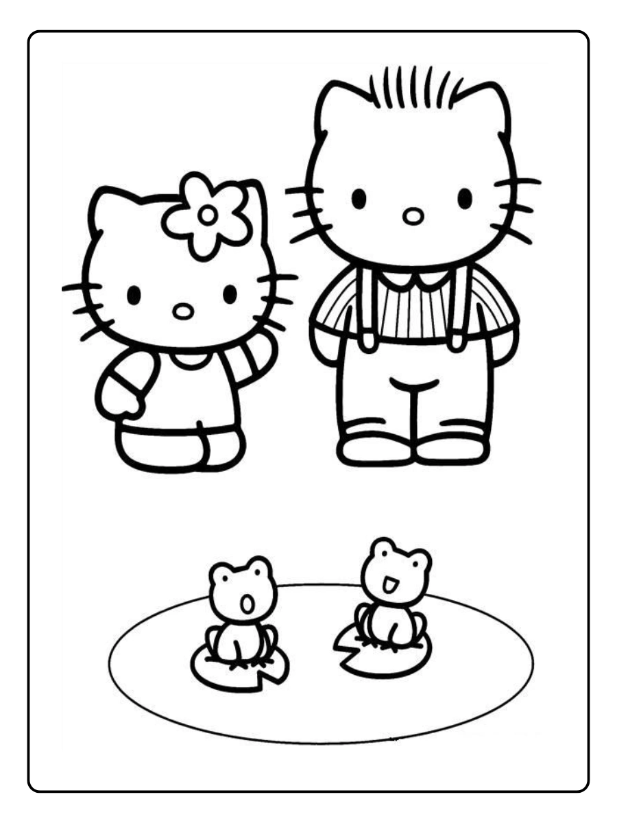 Hello Kitty and Dear Daniel with small kittens coloring page.