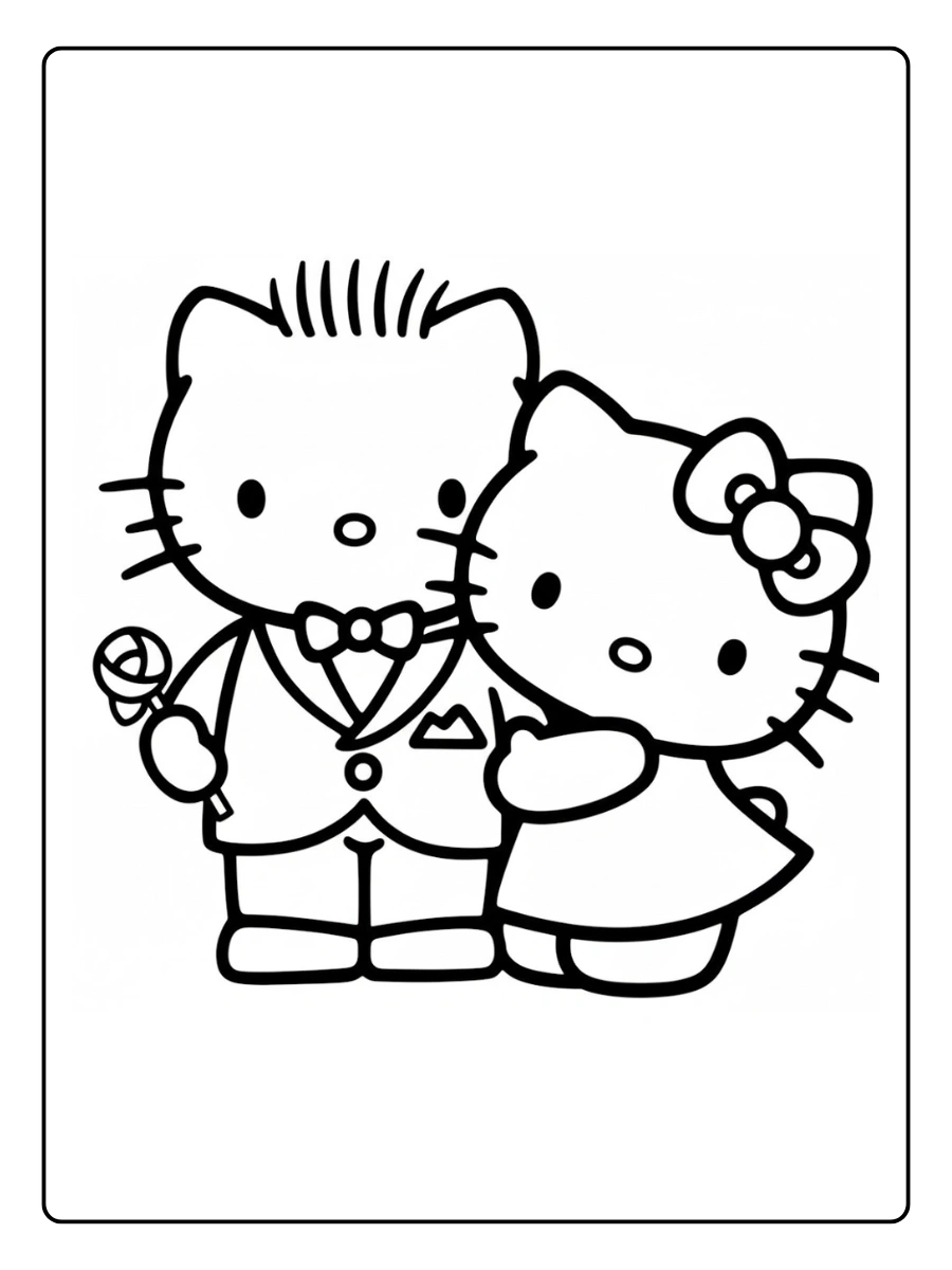 Hello Kitty and Dear Daniel standing together coloring page.