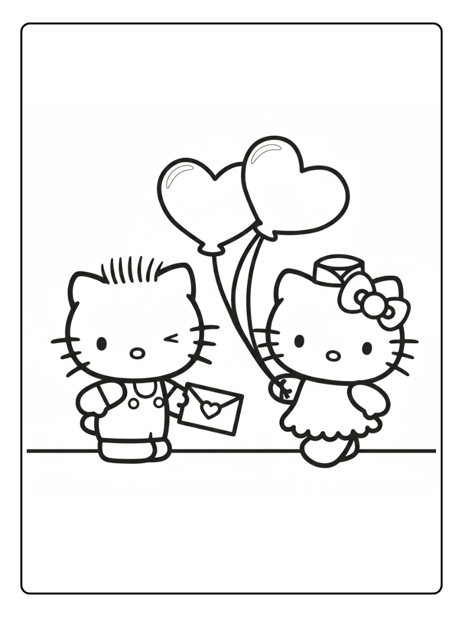 Hello Kitty and boyfriend with heart balloons coloring page.