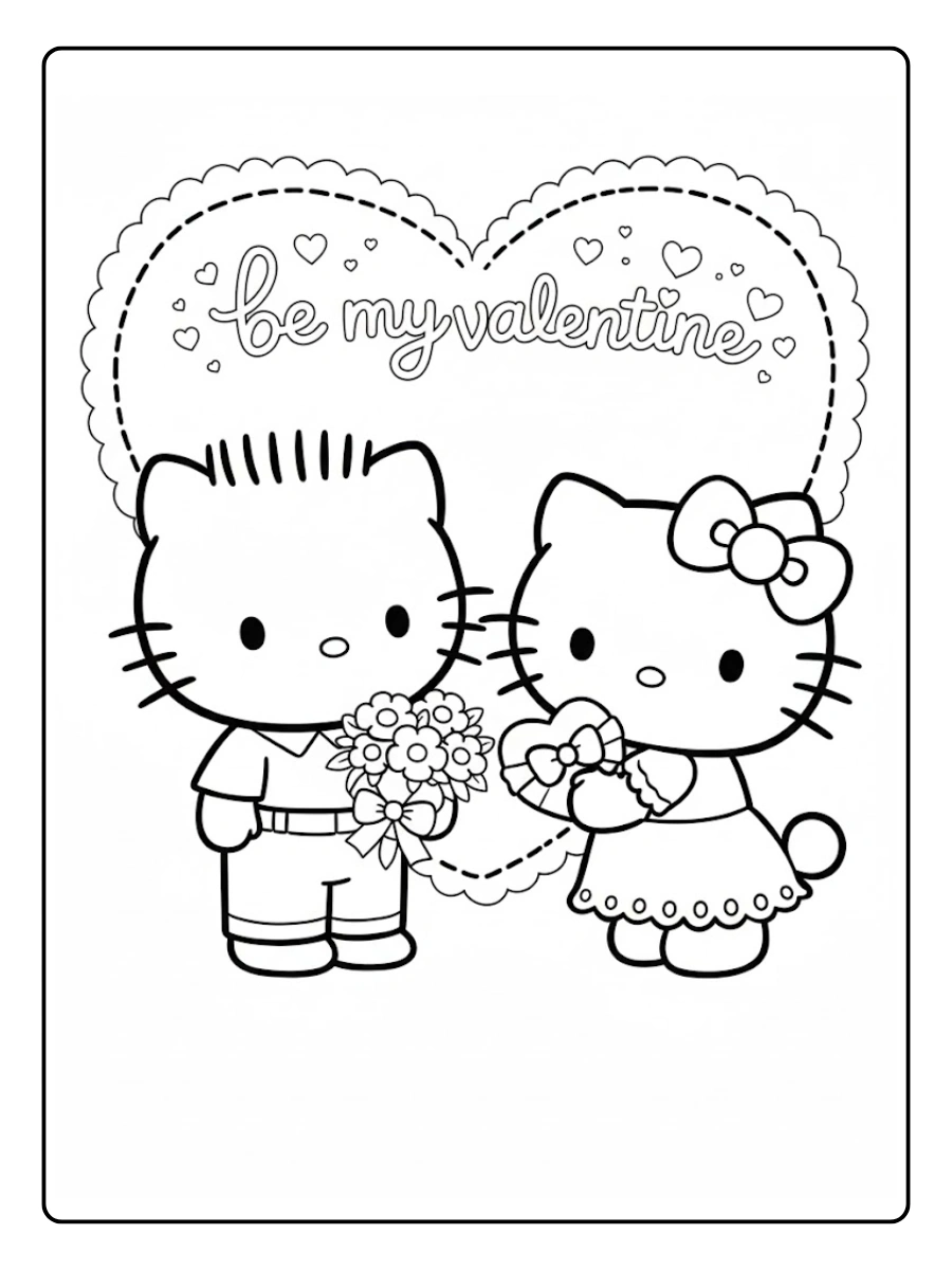 Hello Kitty and boyfriend Valentine's Day coloring page.
