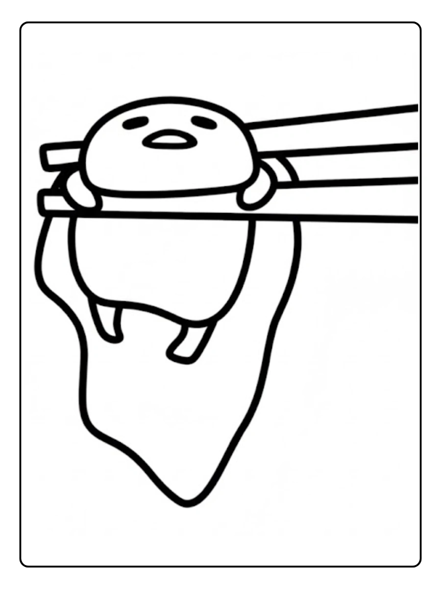 Gudetama hanging from a pair of chopsticks coloring page.