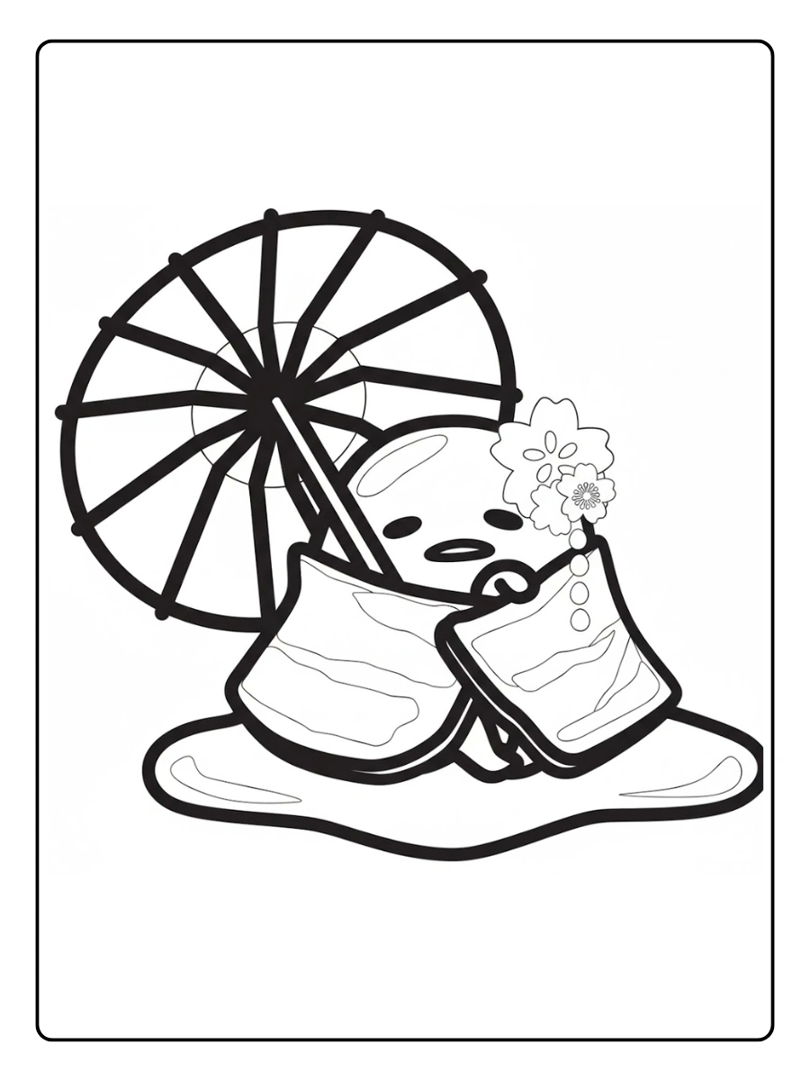 Gudetama resting under a traditional paper umbrella coloring page.
