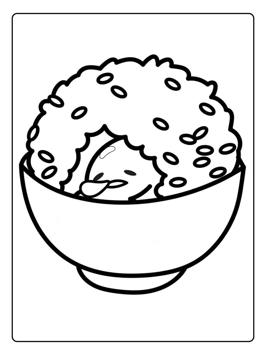 Gudetama hiding inside a bowl of rice coloring page.
