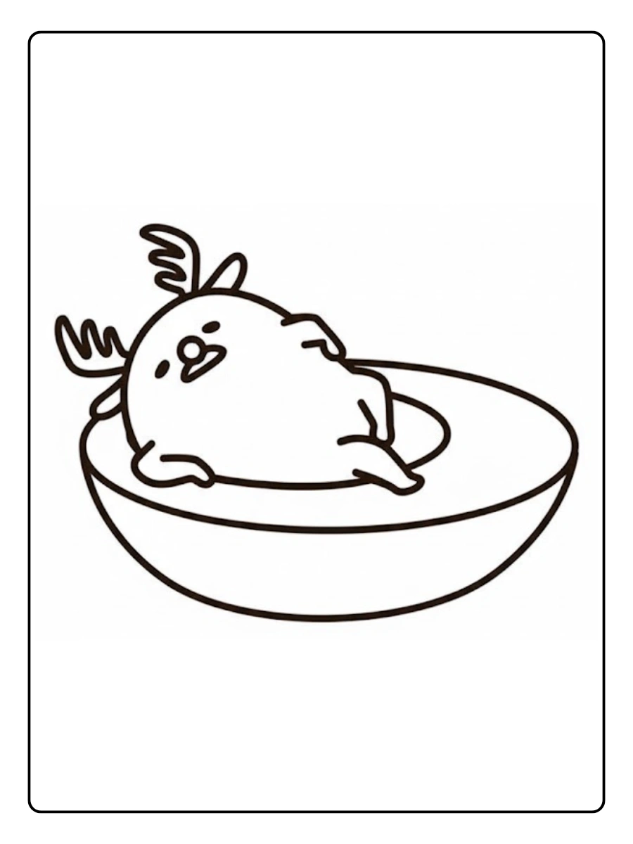 Gudetama wearing reindeer antlers in a bowl coloring page.