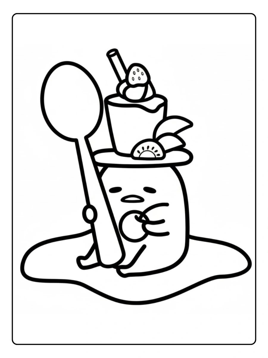 Gudetama sitting with a giant spoon and dessert coloring page.