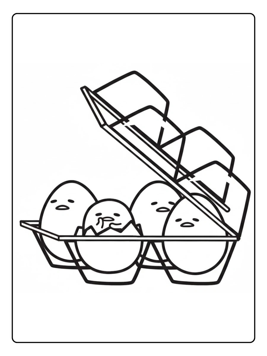 Three Gudetama eggs resting in a carton coloring page.