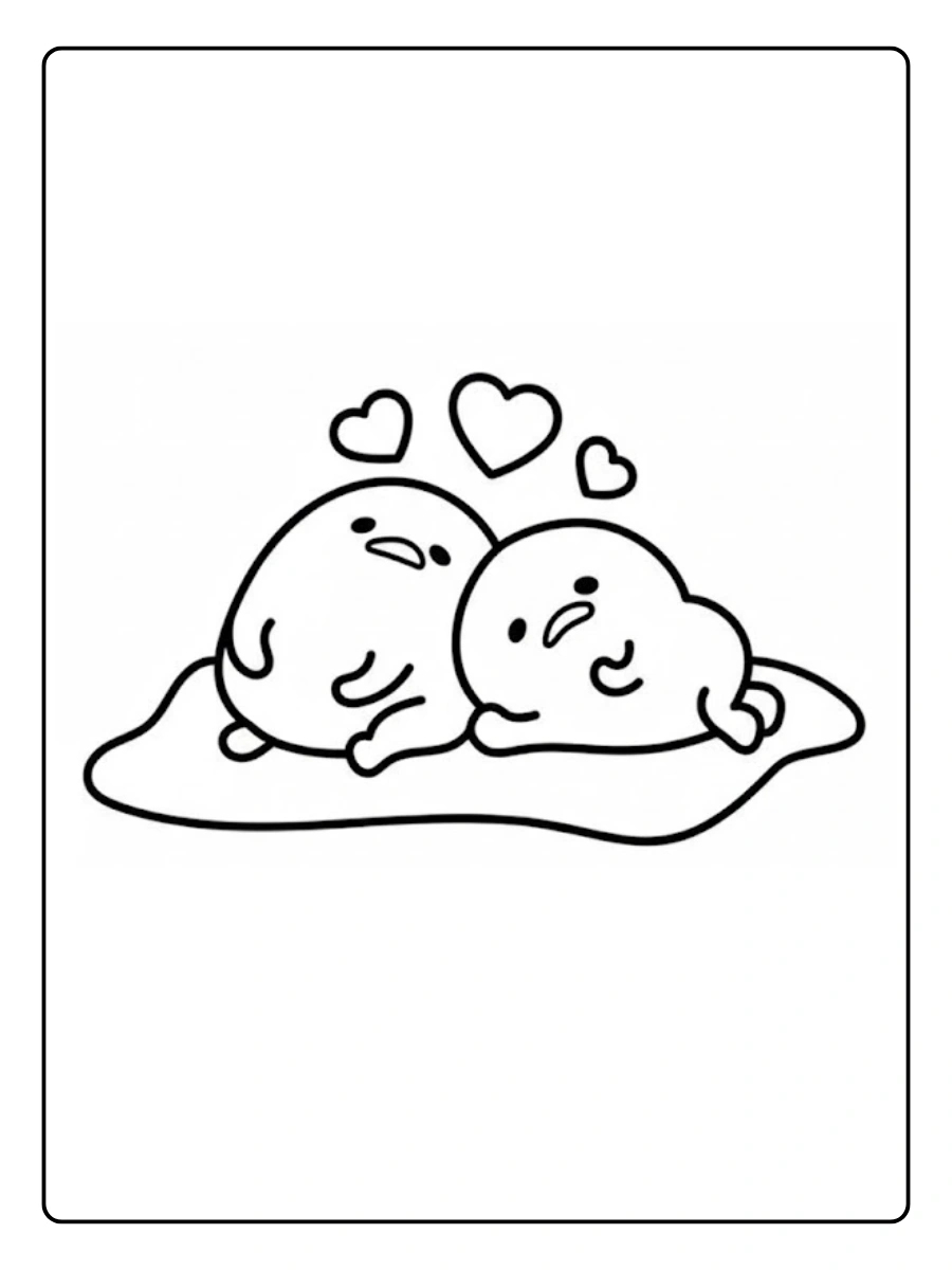 Two Gudetama eggs hugging with hearts coloring page.