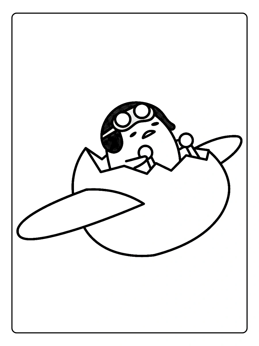 Gudetama flying in a cracked eggshell airplane coloring page.