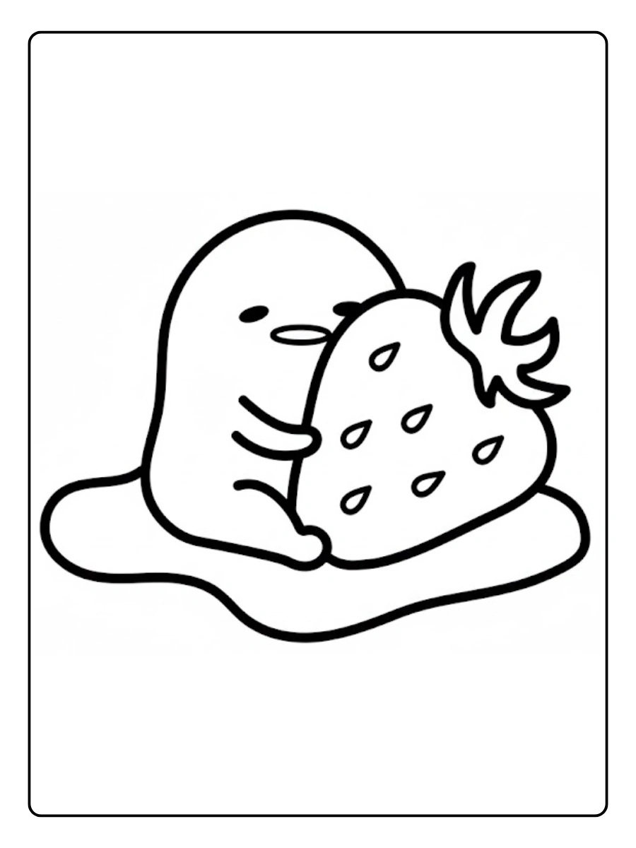 Gudetama hugging a giant strawberry coloring page.