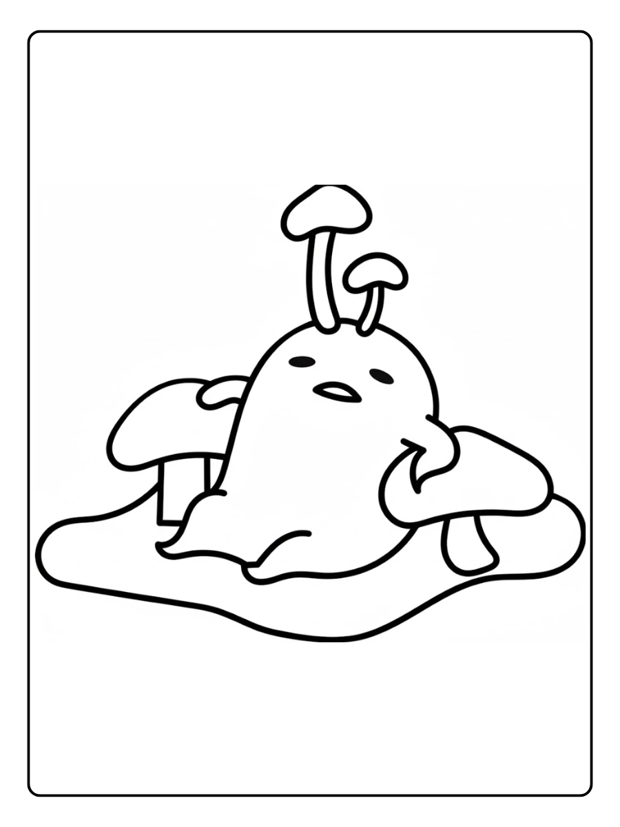 Gudetama sitting among several mushrooms coloring page.