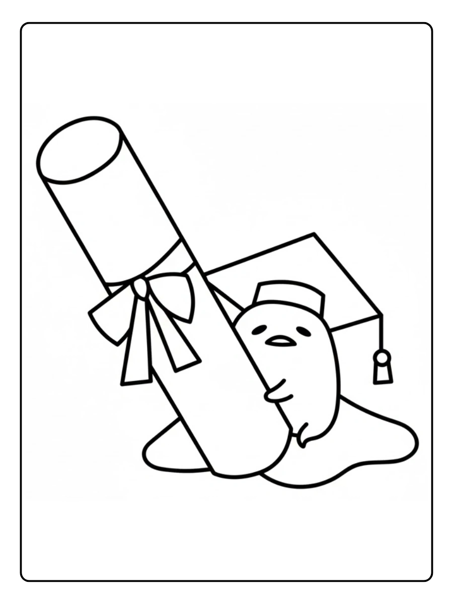 Gudetama hugging a diploma wearing a graduation cap coloring page