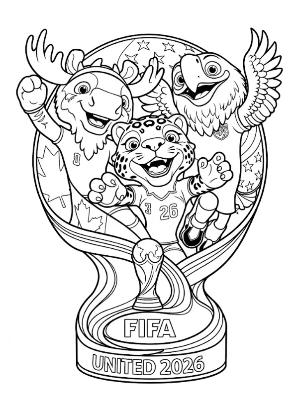 2026 World Cup mascots in trophy bowl coloring page