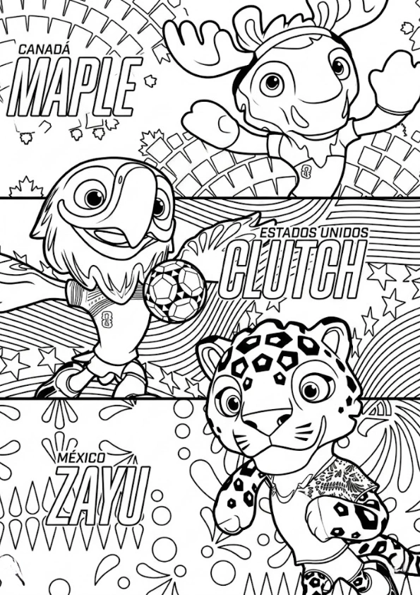 2026 World Cup mascots playing soccer coloring page