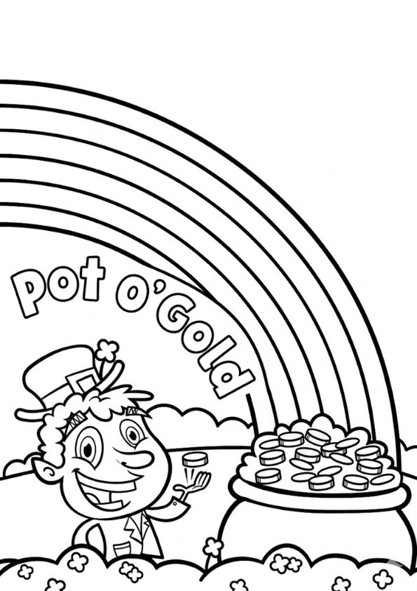 Cartoon leprechaun standing next to a pot of gold with Pot o' Gold text