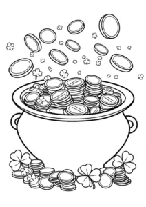 Coloring page of a cauldron with gold coins bursting out and floating in the air