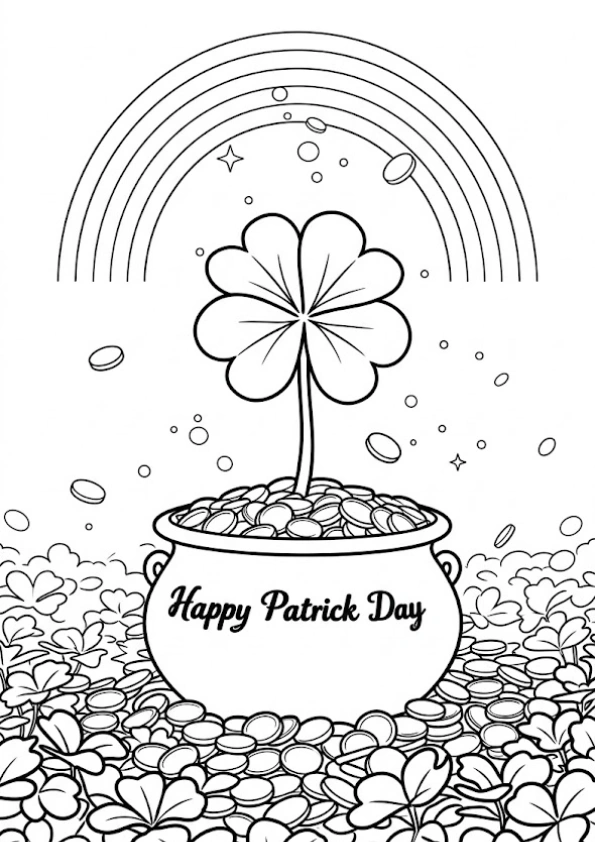 Coloring page of a four leaf clover growing out of a pot of gold