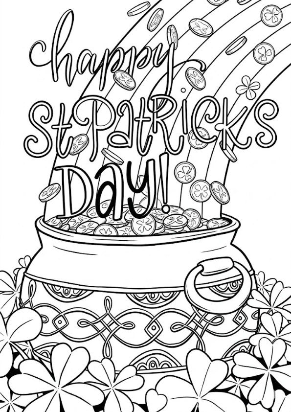 Detailed Happy St Patrick's Day coloring page with a pot of gold and falling coins